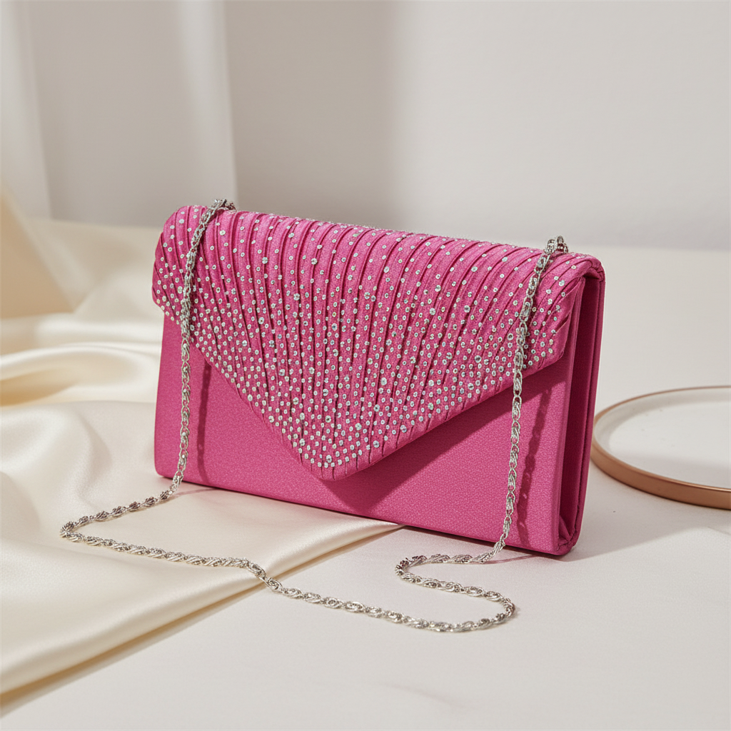 Pink satin rhinestone envelope clutch bag with silver chain styled in a refined evening setting