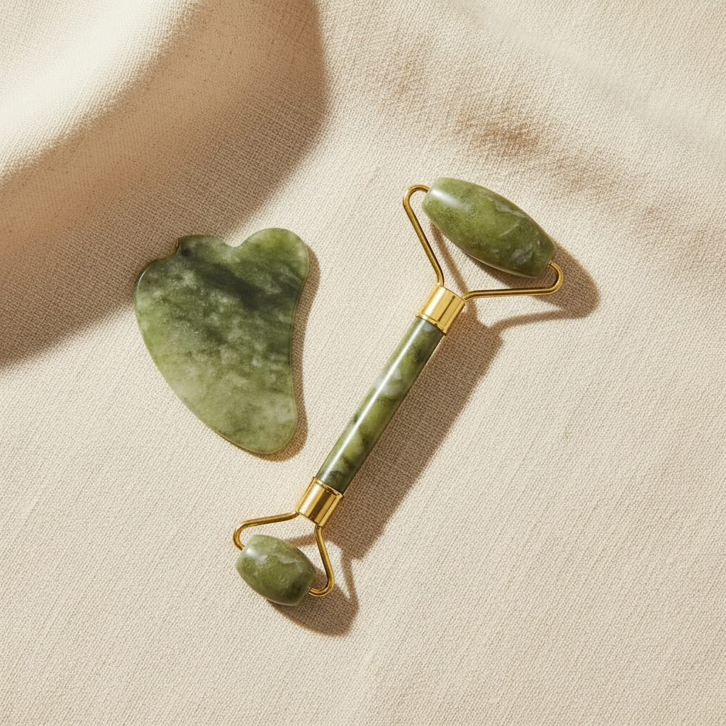 Close detail of a green stone facial roller and under-eye massage stone