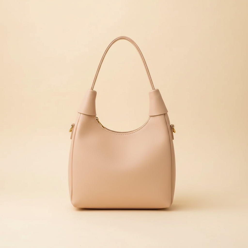 Beige leather shoulder bag on a warm ivory studio background