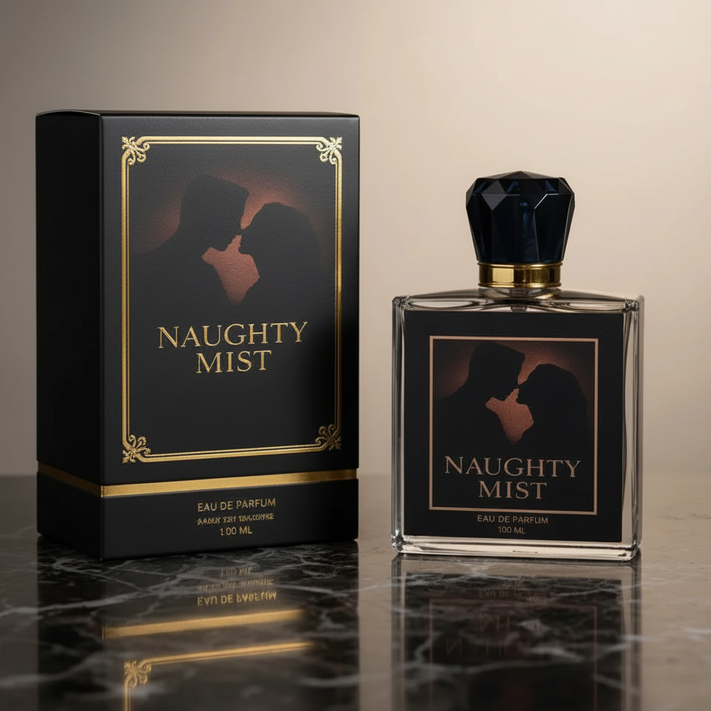 Close detail of Naughty Mist 100 ml unisex fruity Eau de Parfum black bottle, faceted cap, gold collar, and matching box
