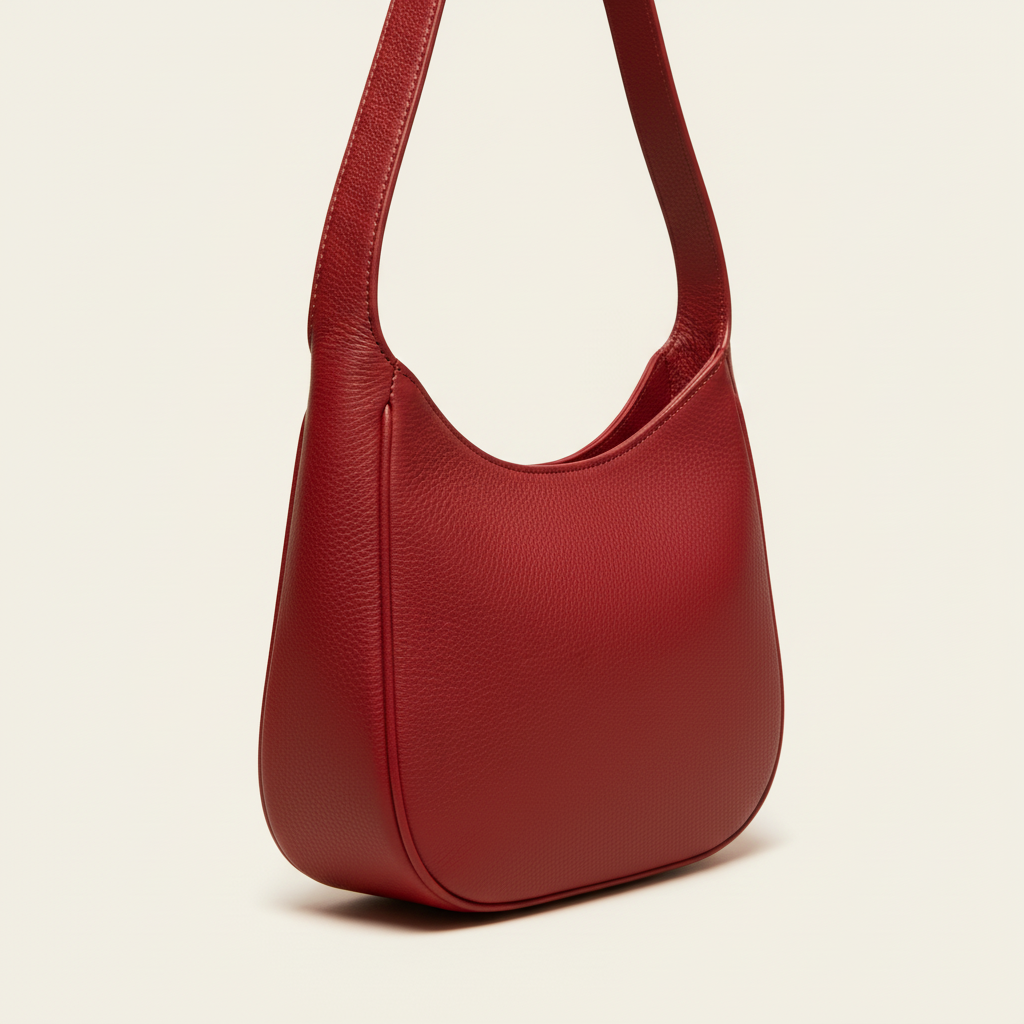Close-up of red leather shoulder bag texture and stitching
