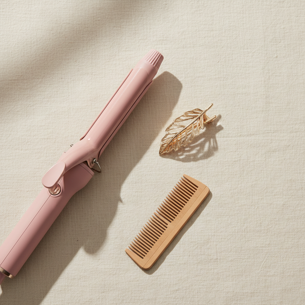 Soft pink automatic curling iron with comb and gold hair clip on ivory linen