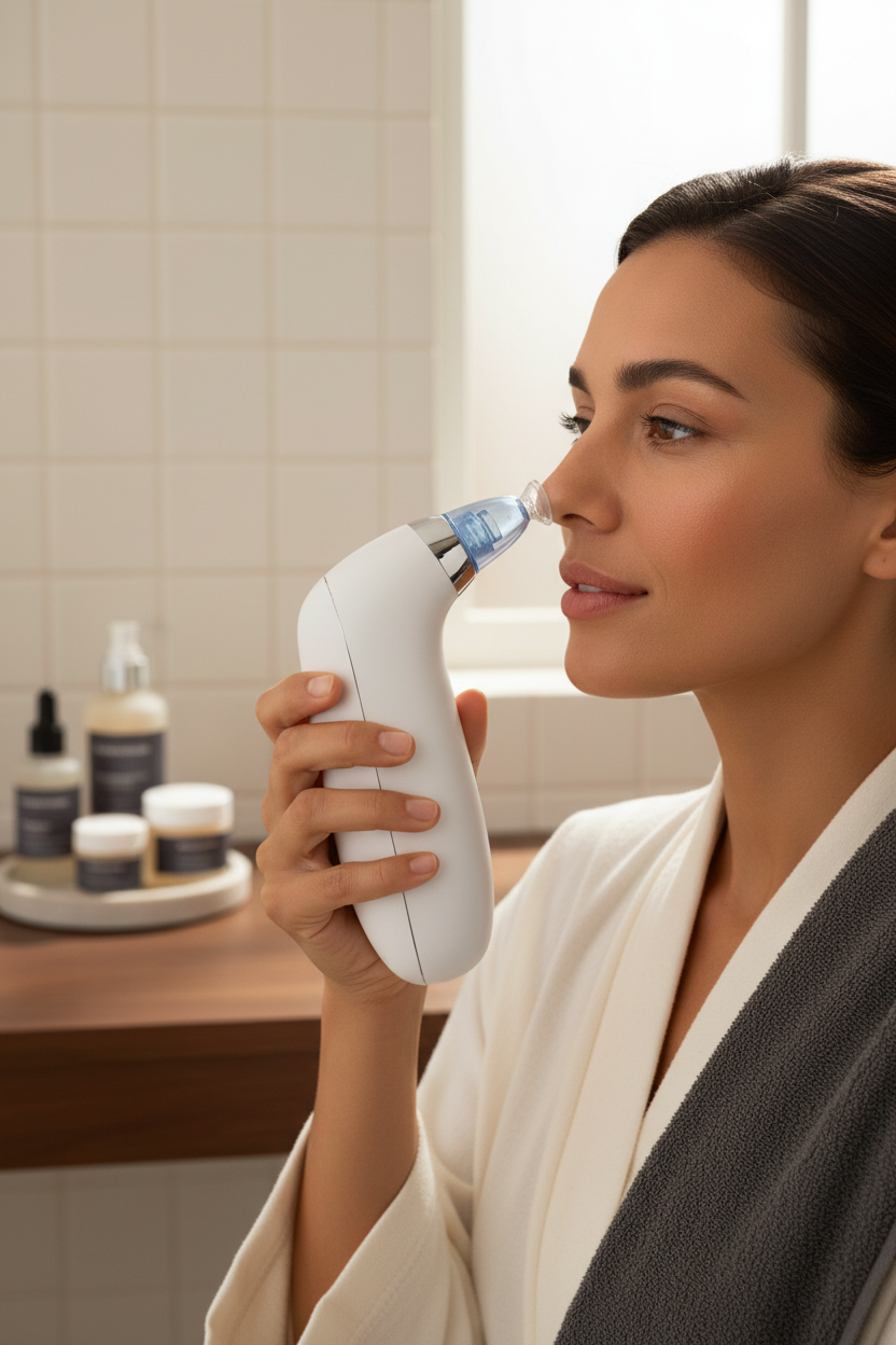 Woman using a white Derma Suction facial cleanser with a blue tip in a calm bathroom setting