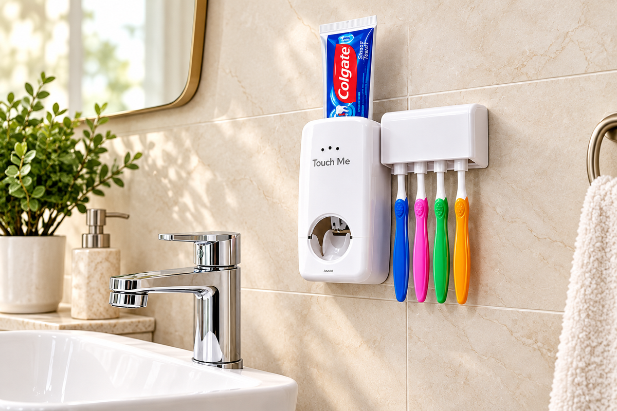 Wall-mounted white automatic toothpaste dispenser and toothbrush holder beside a bathroom basin