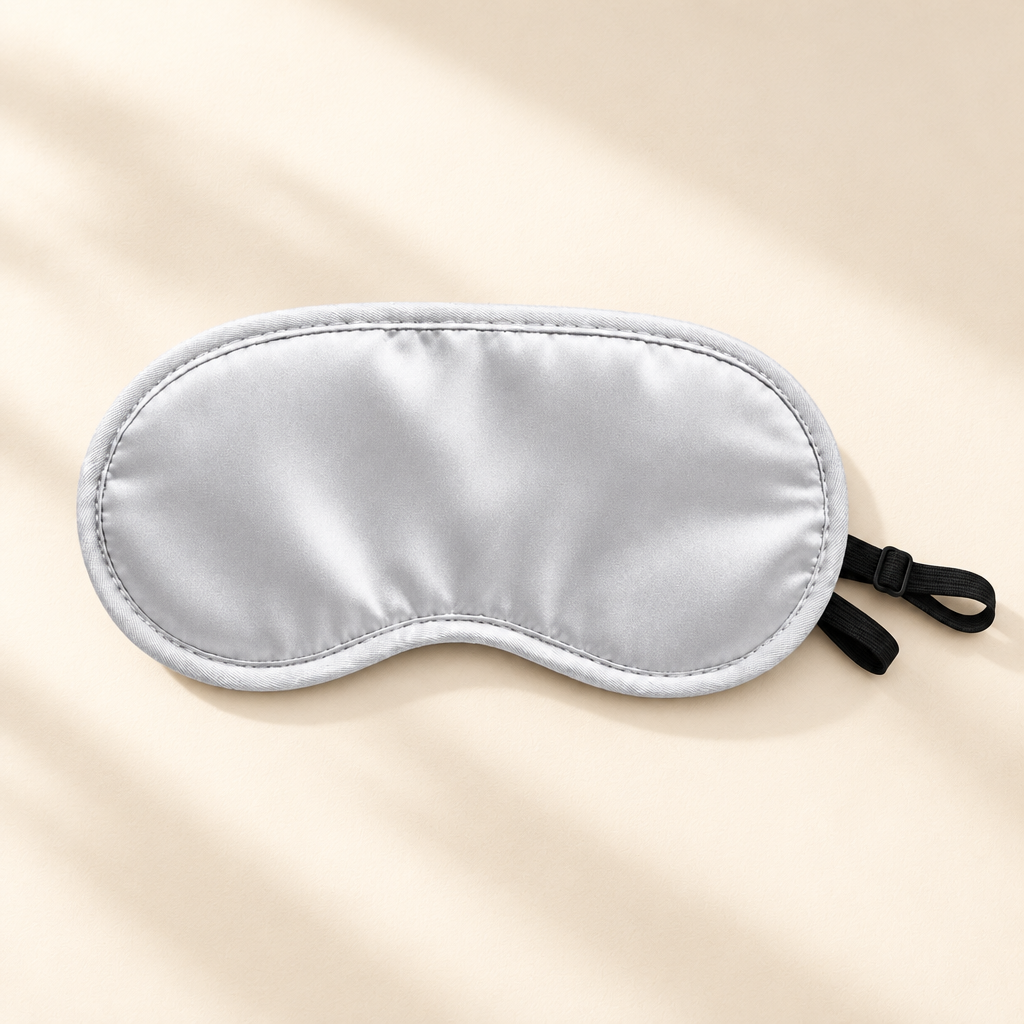 Silver-grey padded sleep eye mask with black adjustable strap on warm ivory background