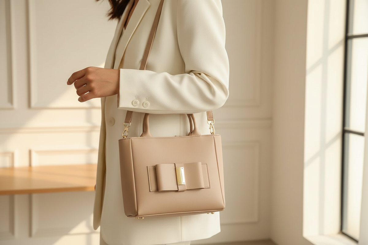 Woman wearing a beige leather bow shoulder bag with detachable strap