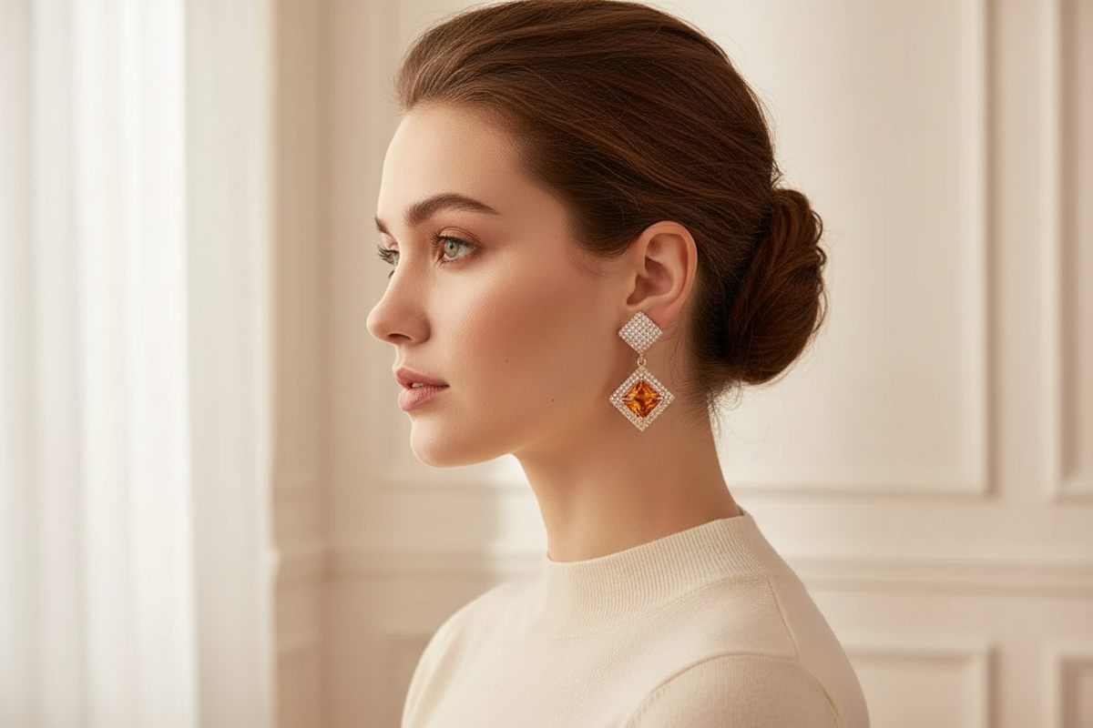 Golden crystal diamond-shape drop earring worn by a woman in profile