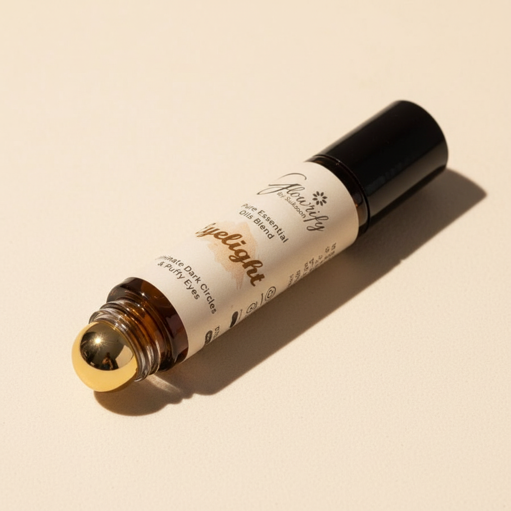 Close-up of the Glowrify Eyelight gold roller applicator and golden essential oil blend