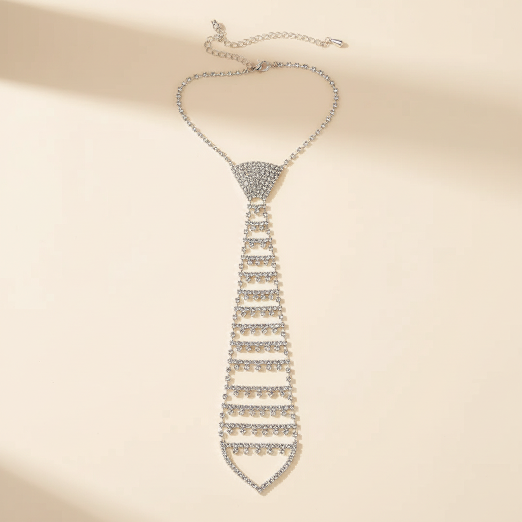 Silver rhinestone tie necklace on a warm ivory background