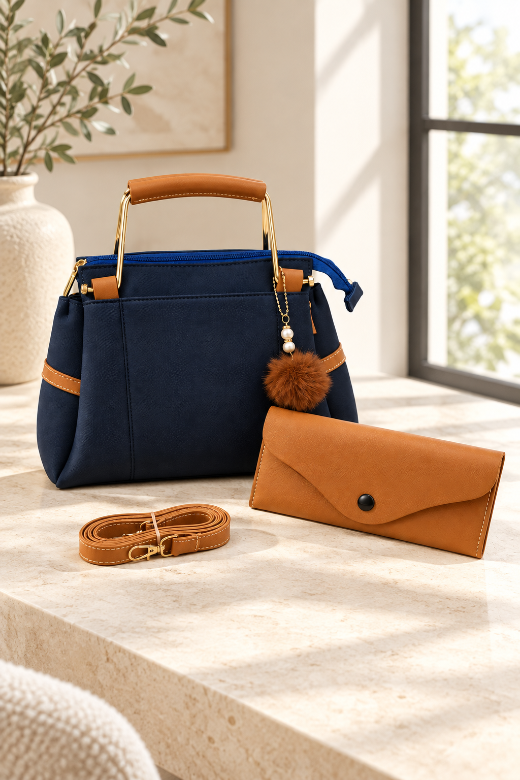 Navy blue handbag and matching tan pouch on limestone table in soft daylight