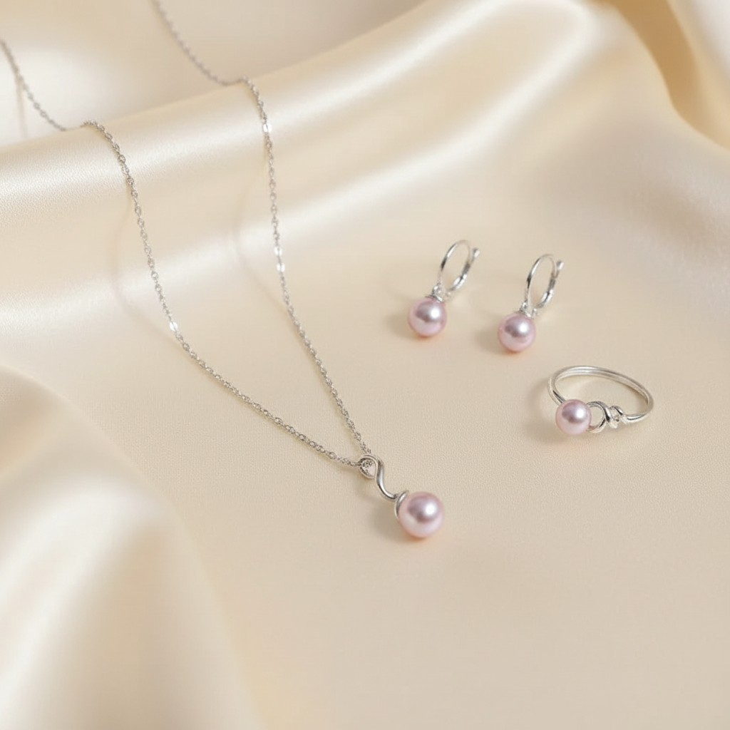 Close detail of purple pearl pendant necklace, drop earrings and matching ring in 925 silver