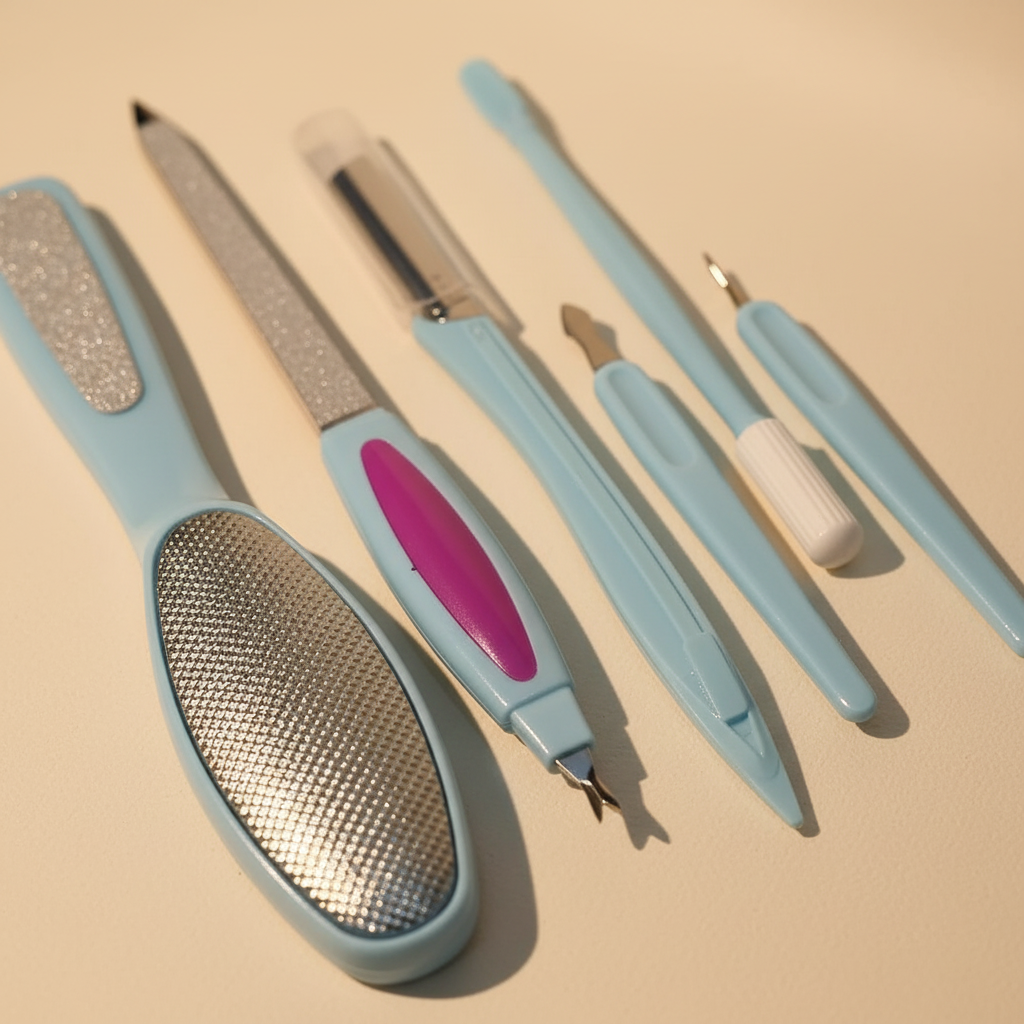 Close detail of the textured foot file, nail file and slim grooming tools in a six-piece multicolor kit