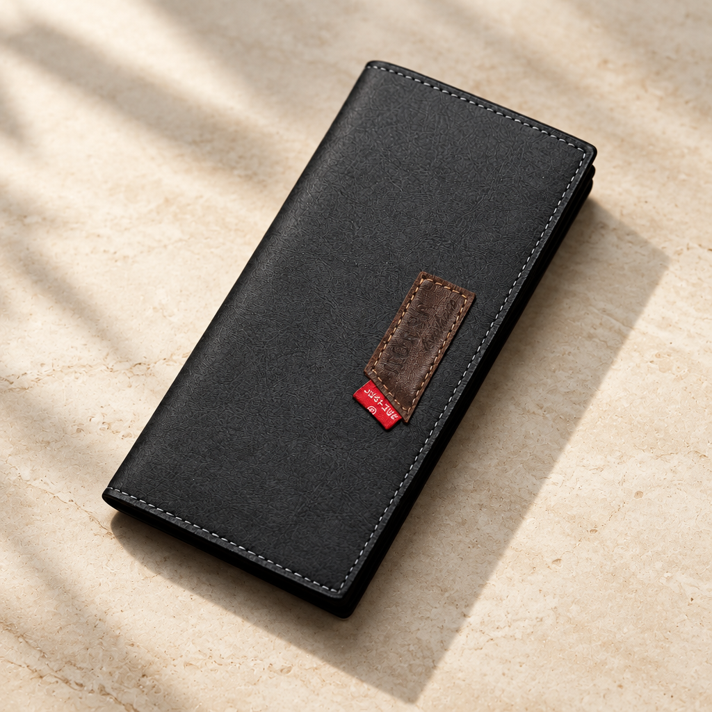 Black long leather wallet with stitched edges on warm ivory stone