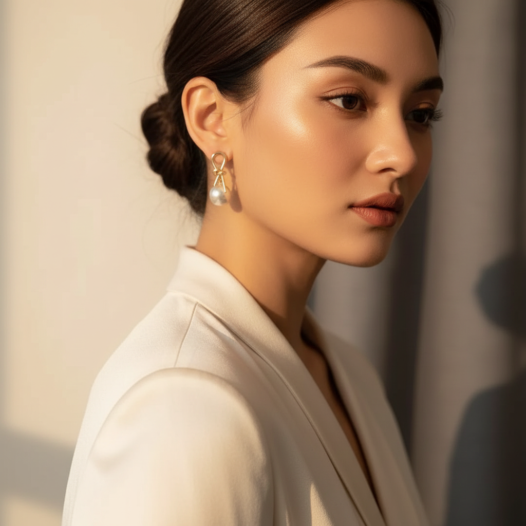 Model wearing White knot pearl drop earrings with a gold-tone finish
