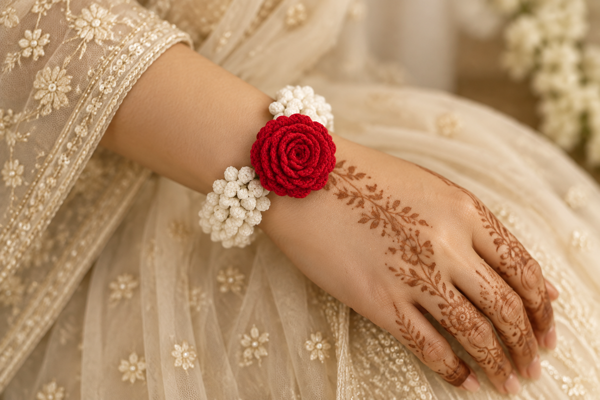 Woman wearing crochet floral gajra bracelet with mehndi design
