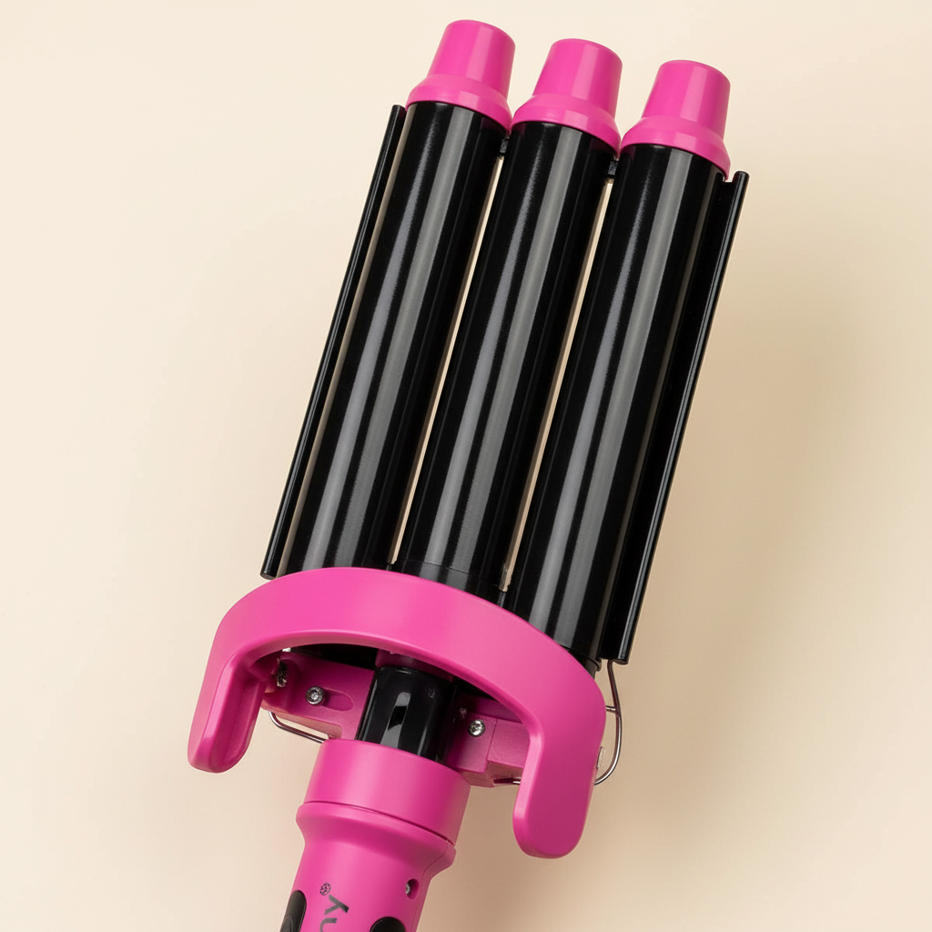 Close detail of the three glossy black barrels and pink clamp of a hair waver