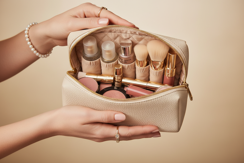 Elegant leather cosmetic bag held open showing organized makeup inside