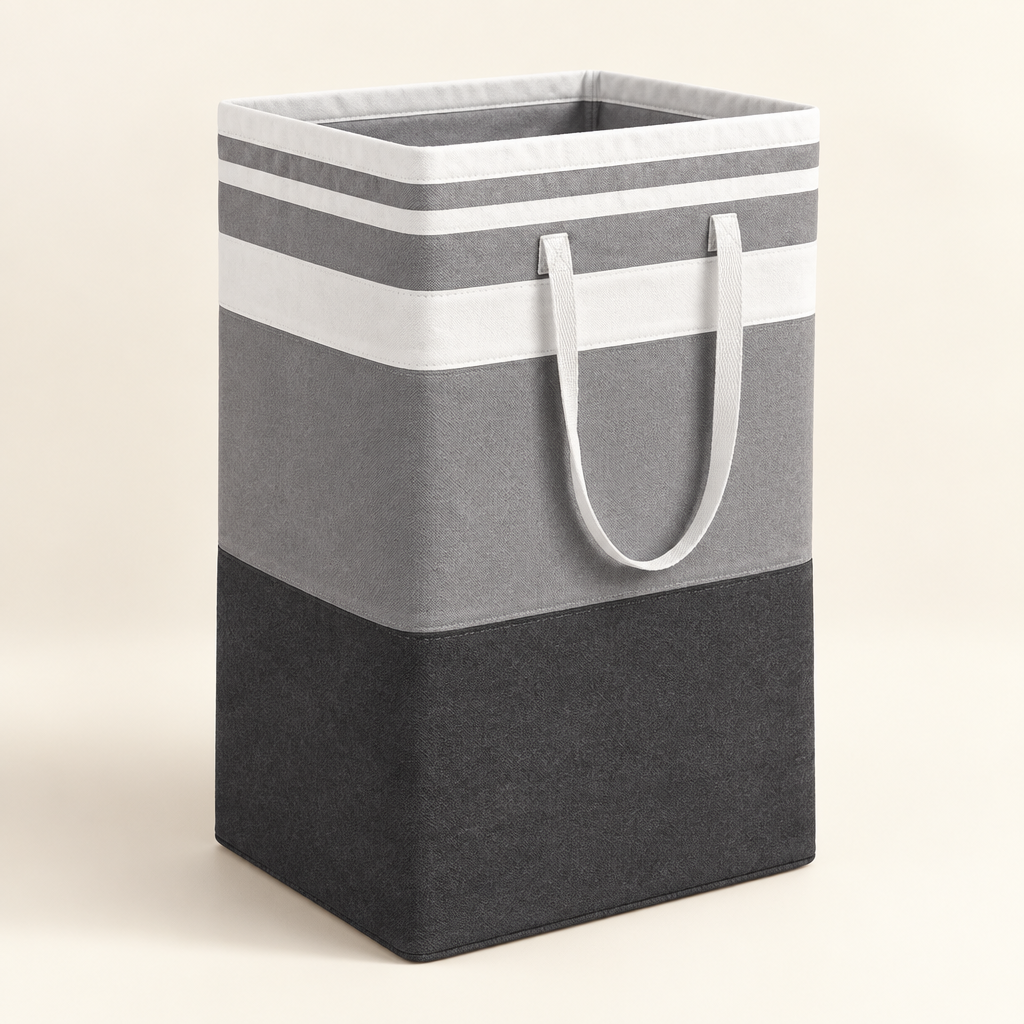Grey non-woven laundry basket showing white fabric handles, striped rim and charcoal base