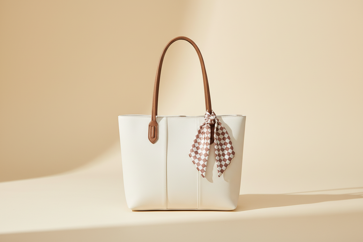 Premium white silk tote bag with scarf accent on a warm ivory background