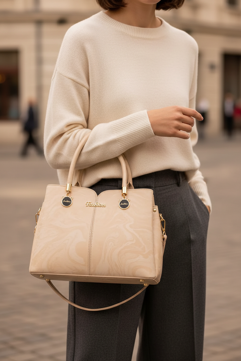 Woman in a neutral outfit carrying the beige structured top-handle tote bag by its handles