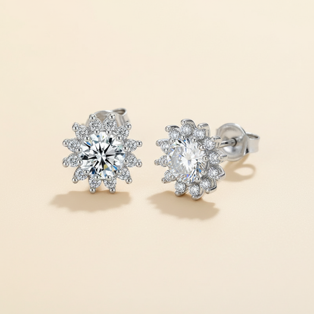 Silver-plated flower zircon earrings by TAJIO on a warm ivory background