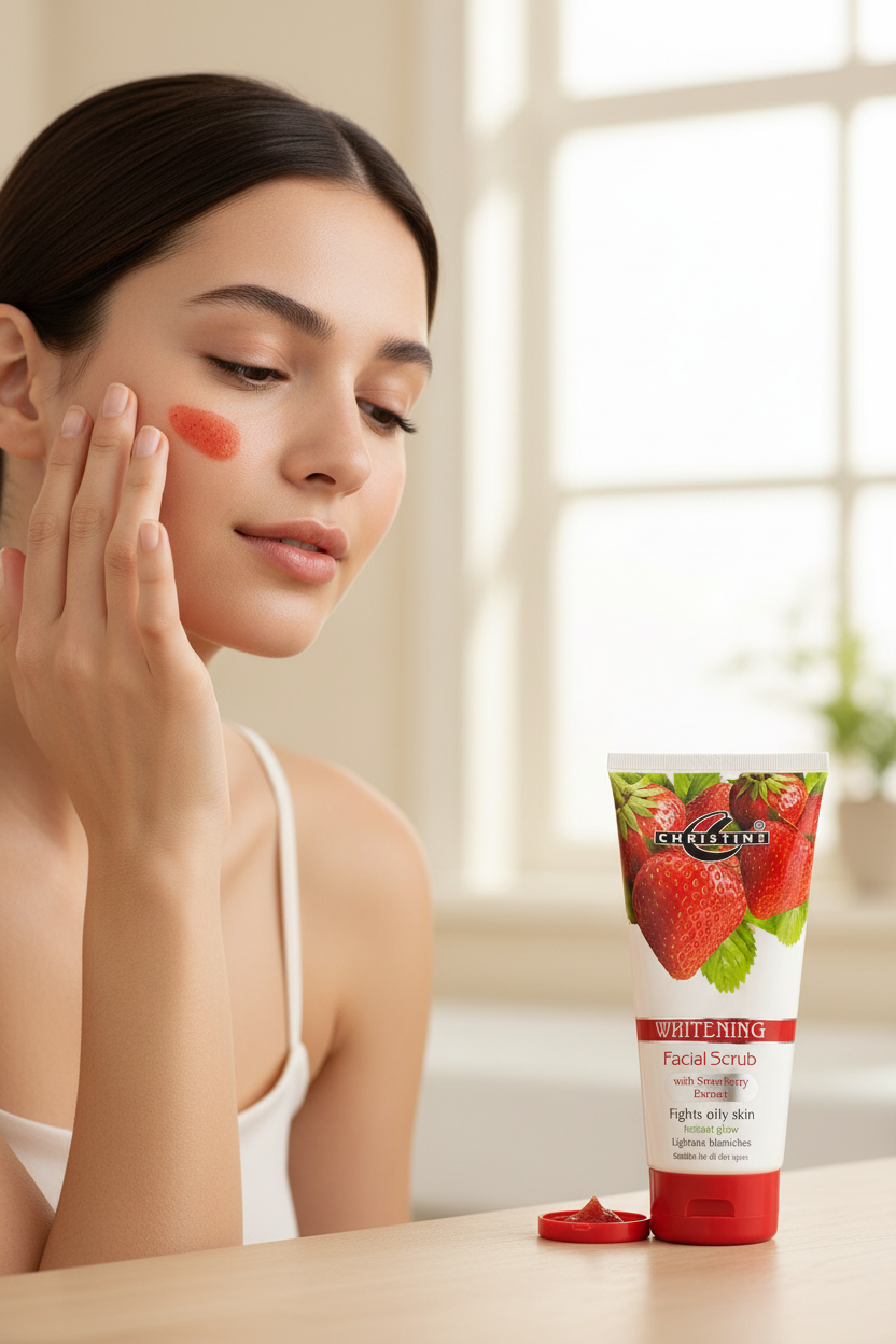 Woman applying Christine facial scrub cream at a bright minimal vanity