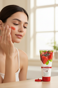 Woman applying Christine facial scrub cream at a bright minimal vanity