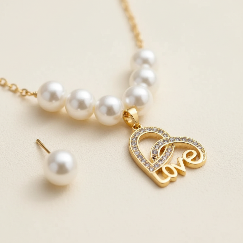 Close detail of the gold-plated crystal-accented Love pendant and pearl-effect beads
