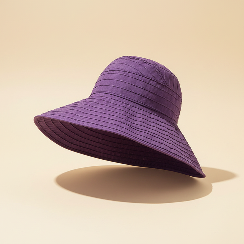 Purple women’s wide-brim foldable sun hat on a warm ivory studio background
