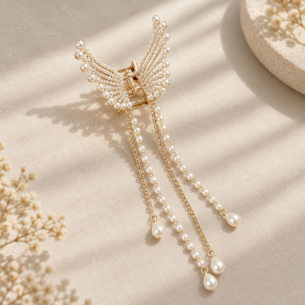 Gold butterfly pearl tassel hair claw with zircon on ivory linen