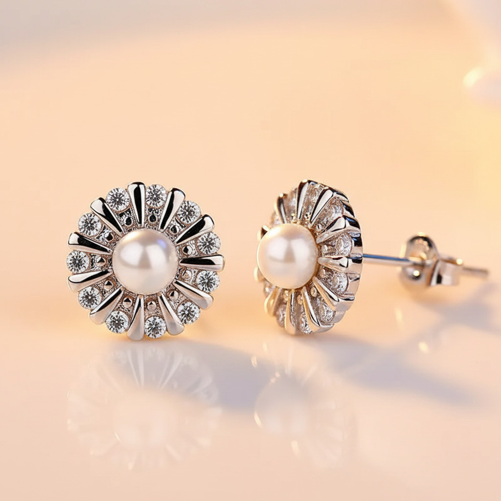 Close detail of white pearl sunflower stud earring showing crystal accents and post-back construction
