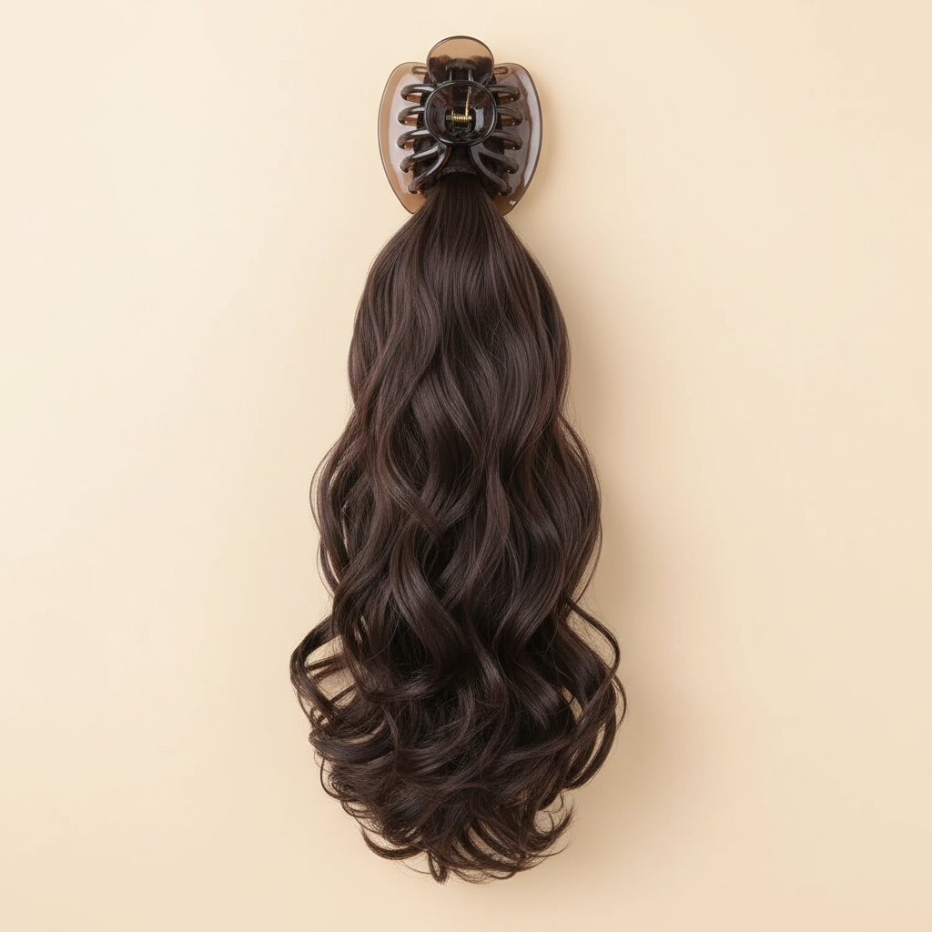 Dark brown long wavy claw-clip ponytail hair extension on a warm ivory background