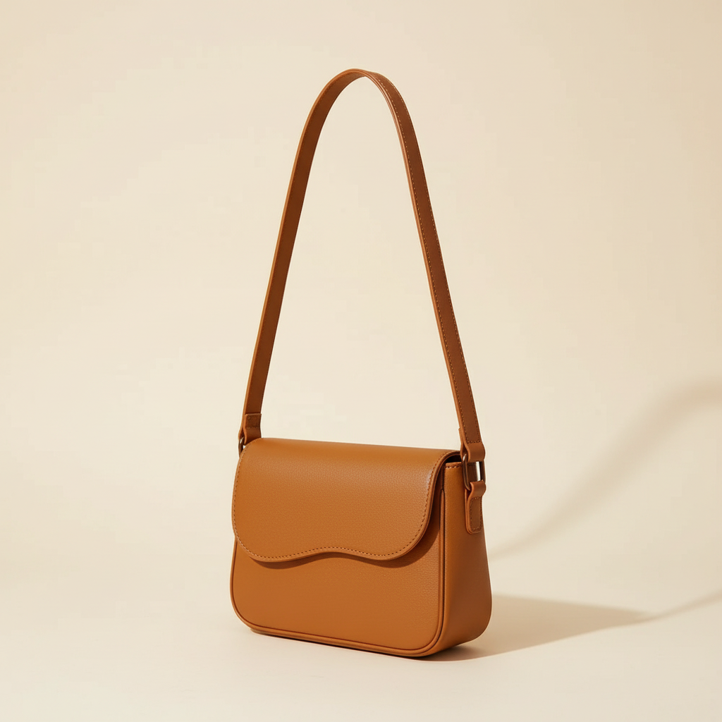 Mustard leather shoulder bag with curved flap on a warm ivory background