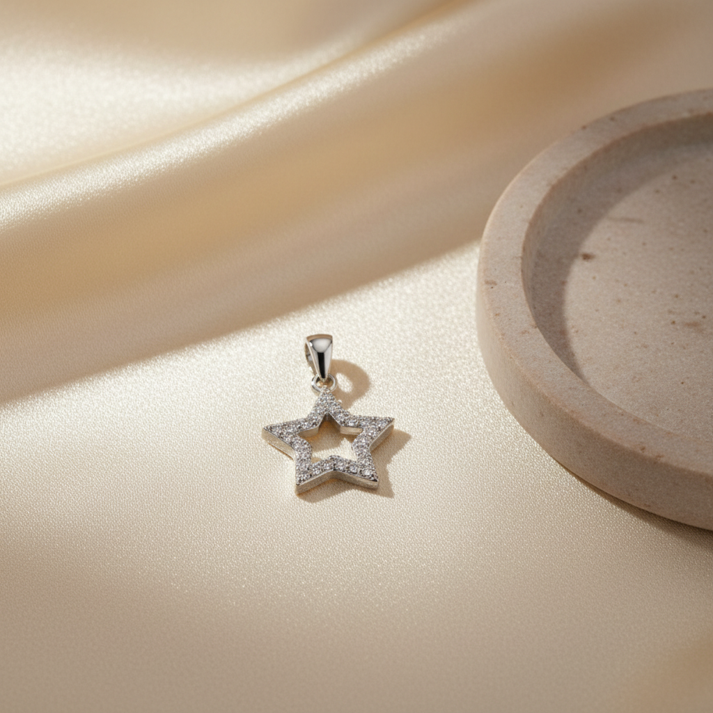 Silver-tone open five-point star pendant charm with sparkling stone accents on warm ivory silk