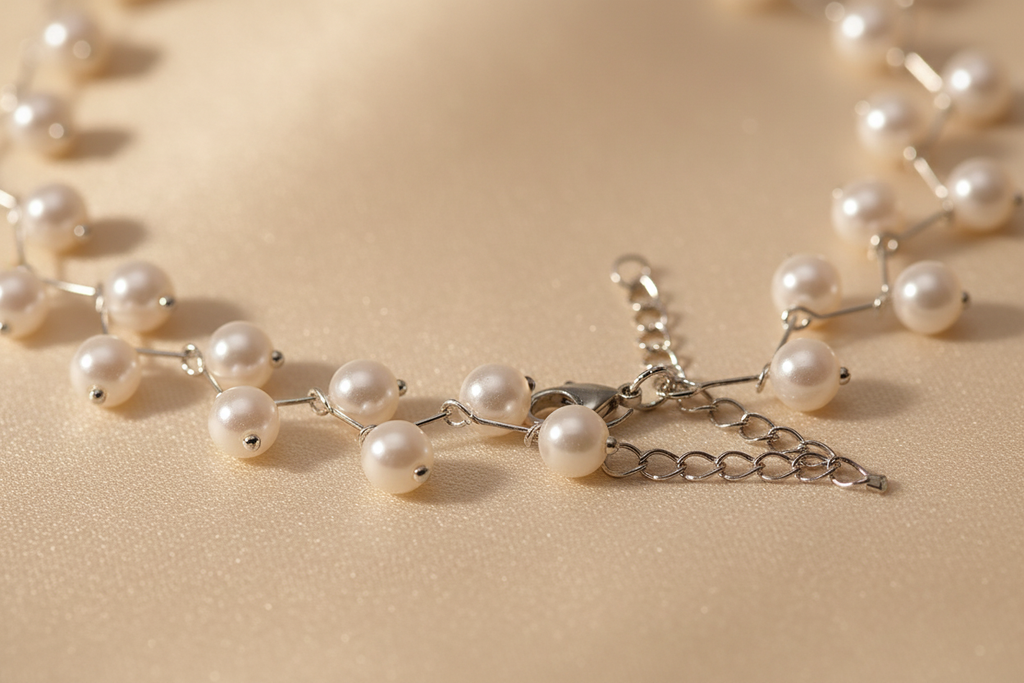 Close detail of white beads, silver-tone links and clasp on a beaded choker necklace