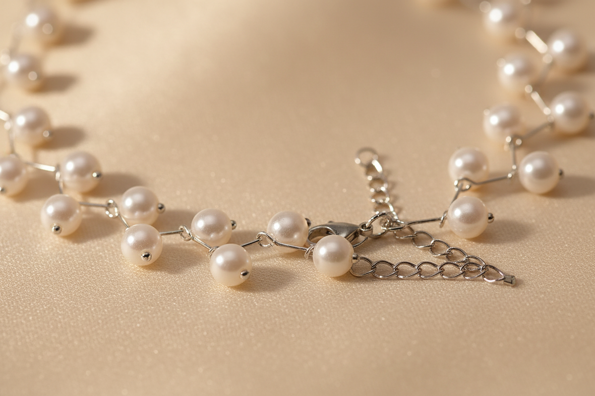 Close detail of white beads, silver-tone links and clasp on a beaded choker necklace