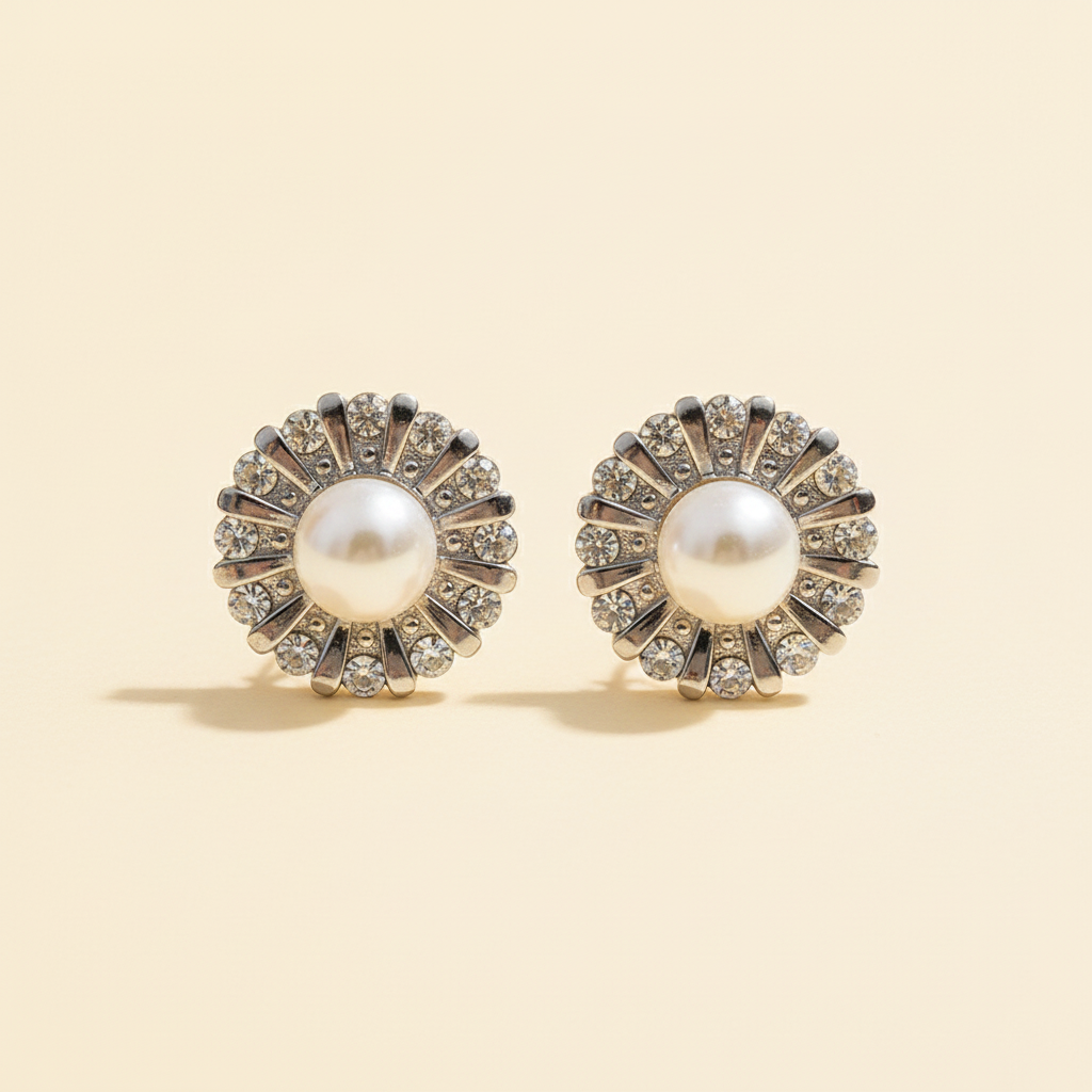 Pair of white pearl sunflower stud earrings with crystal floral detail on a warm ivory background