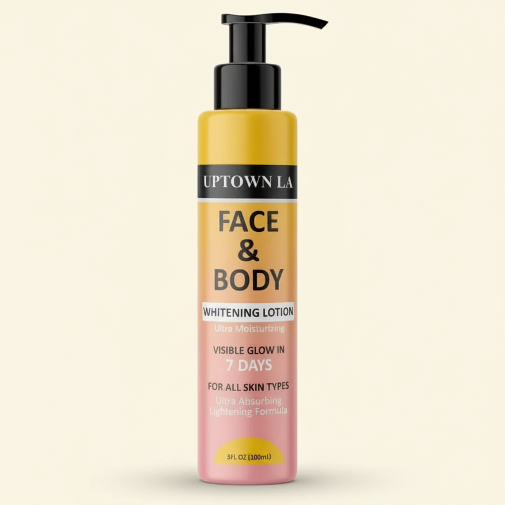 Soothing face and body whitening lotion in a black pump bottle shown at a three-quarter angle on a warm ivory background