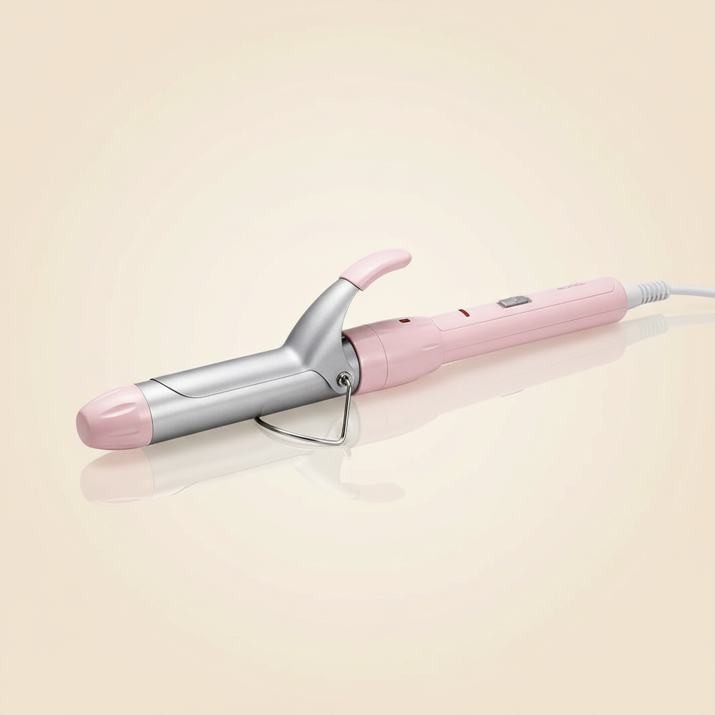 RIWA 32mm ceramic curling iron in blush pink and silver on a warm ivory background
