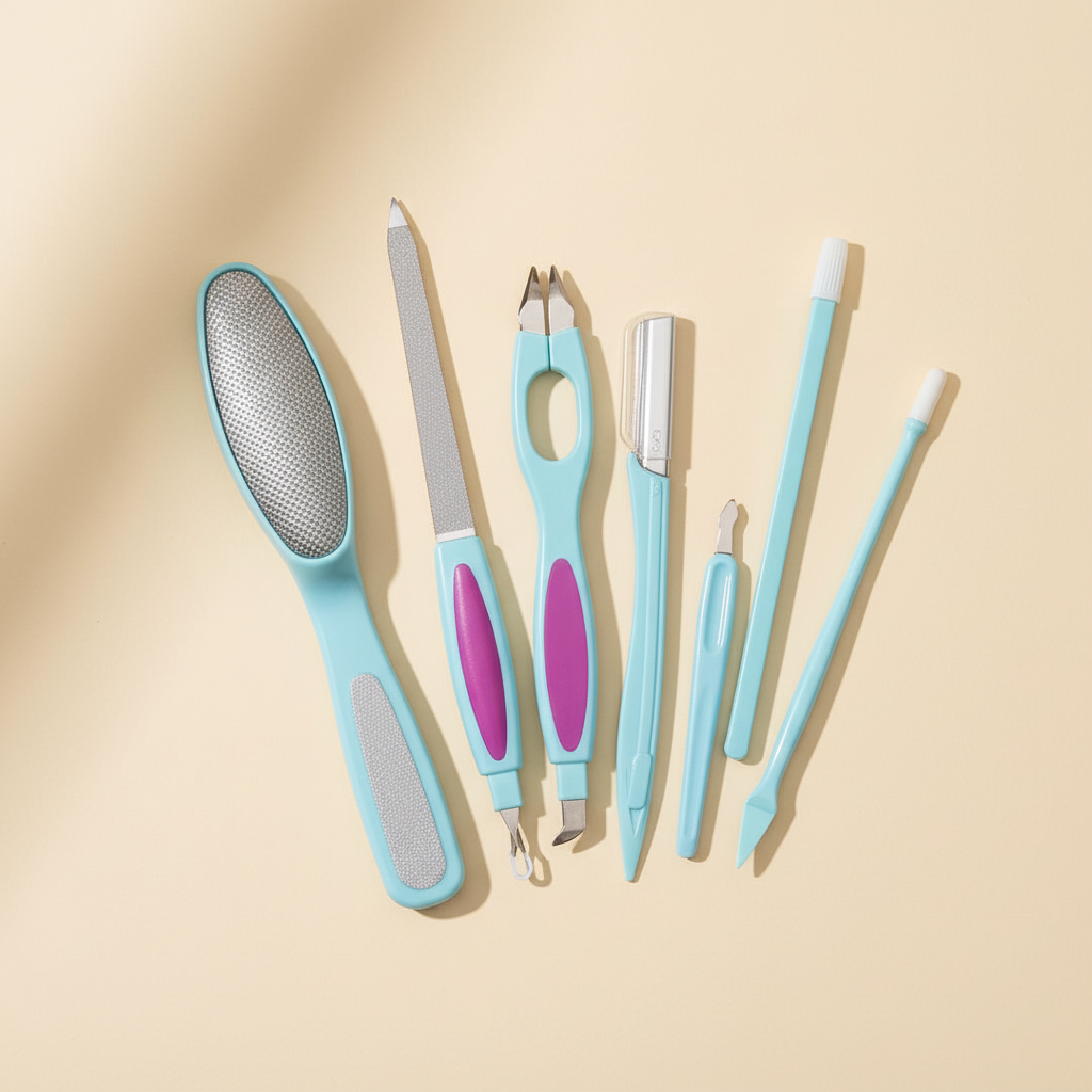 Six-piece multicolor manicure and pedicure kit with textured foot file and nail tools arranged on a warm ivory background