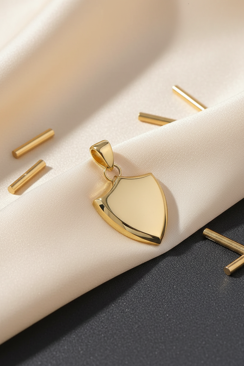 Gold shield-shaped titanium steel pendant styled on ivory fabric with a charcoal accent