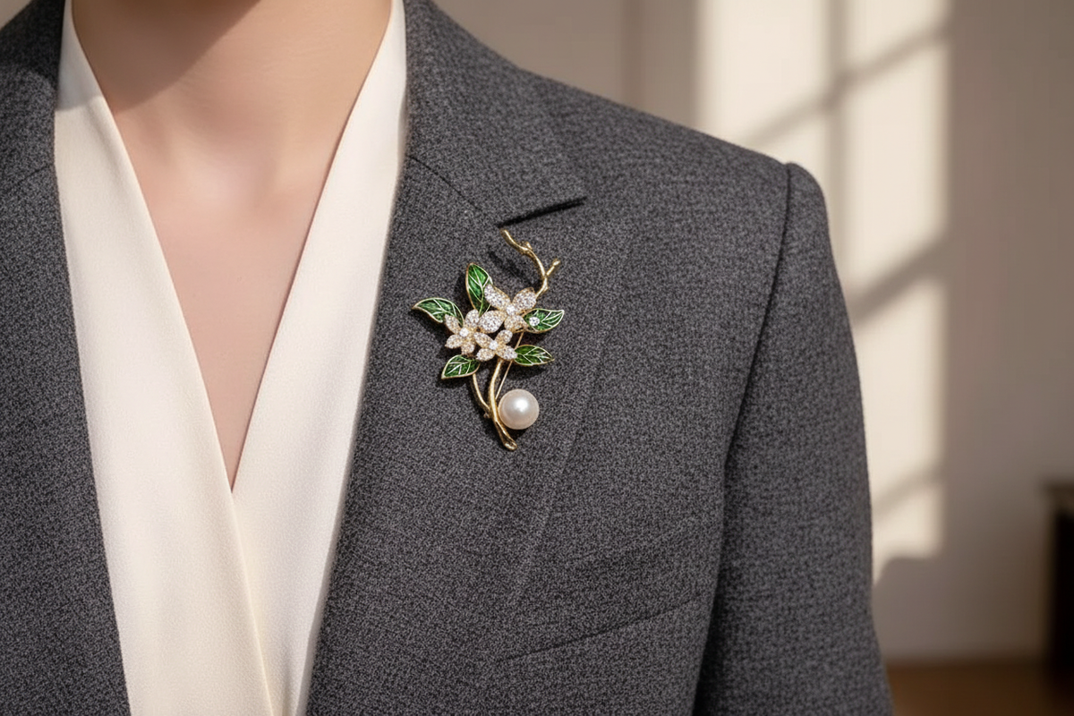 Green leaf pearl brooch styled on a charcoal blazer with an ivory blouse