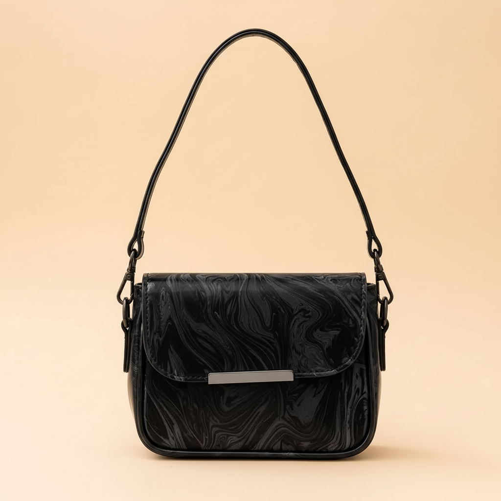 Close view of black leather shoulder bag flap, marbled texture and silver-tone bar detail