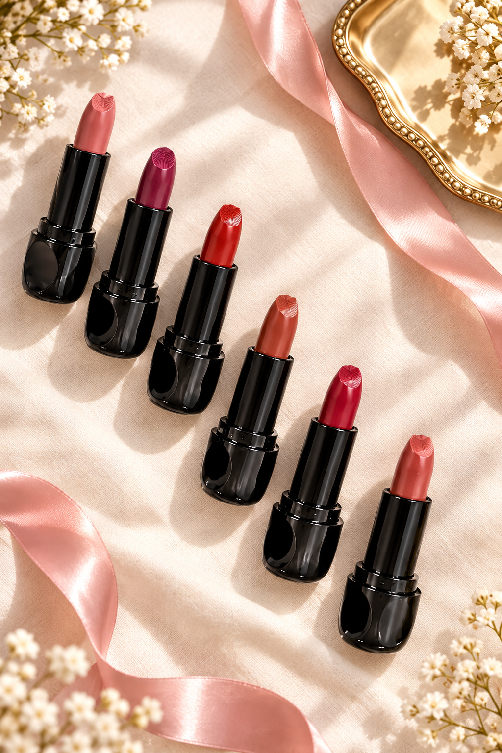Six pigmented lipsticks flat lay on ivory linen with satin ribbon