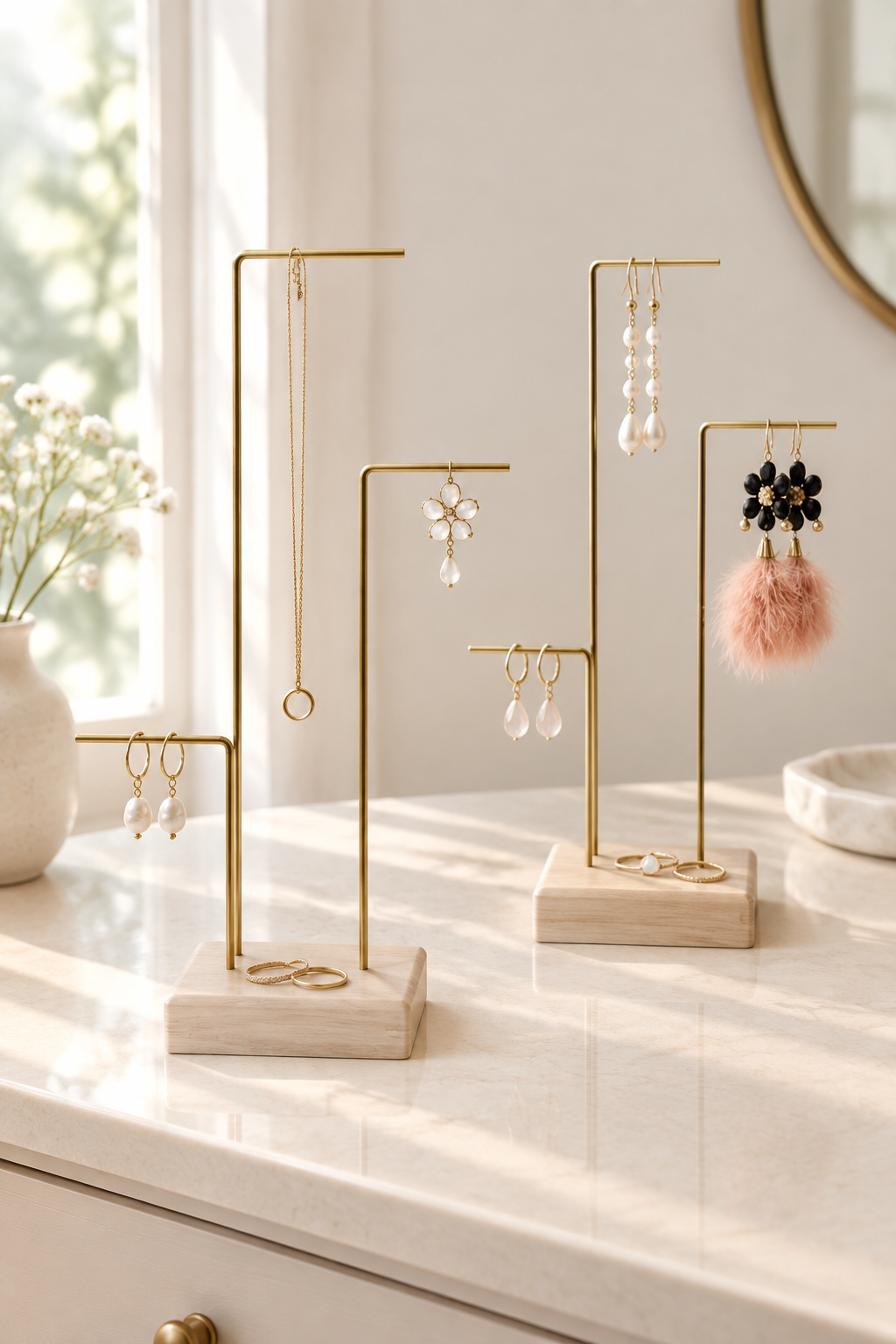 Two wood and gold-tone metal jewelry stands displaying earrings and necklaces on a vanity