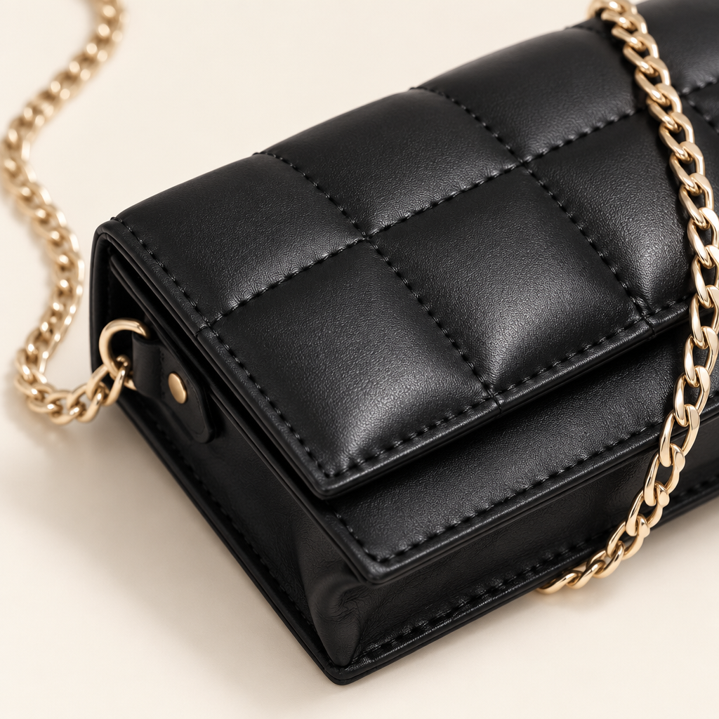 Close-up of the quilting and gold chain hardware on the TAJIO black crossbody bag