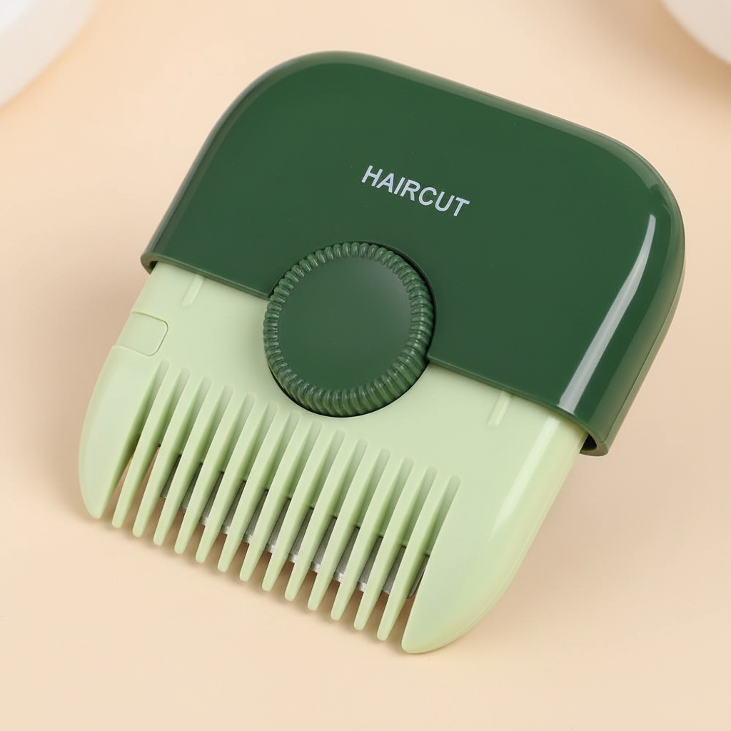 Close-up of a portable multicolor hair trimmer comb showing the comb teeth and rotary adjustment dial