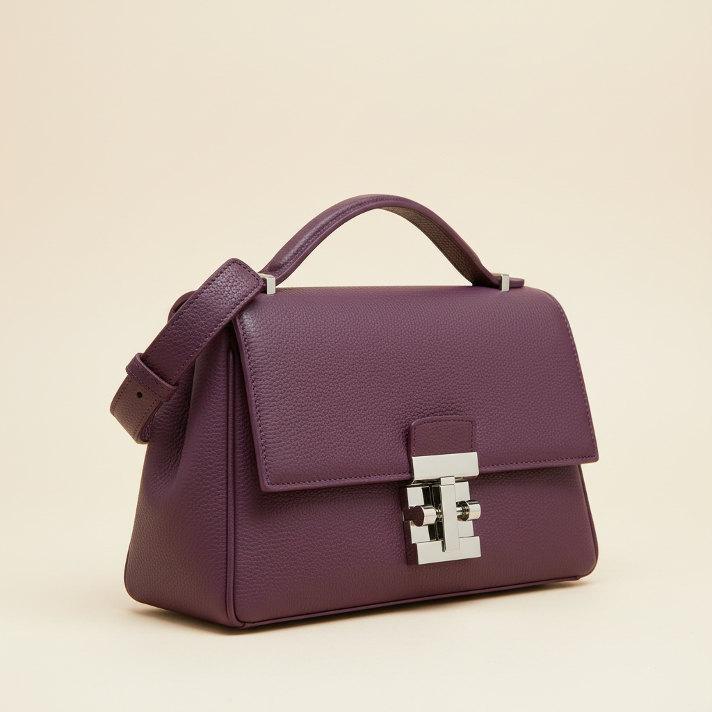 Purple leather shoulder bag shown at a three-quarter angle with silver-tone clasp