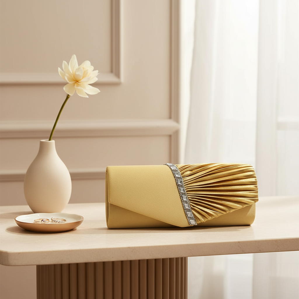 Gold pleated rhinestone evening clutch styled on an ivory console