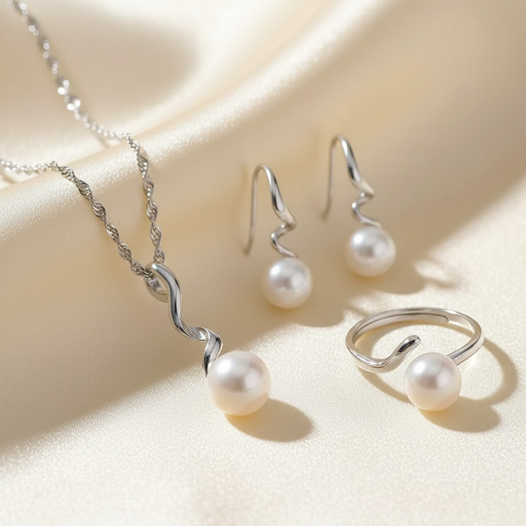 Close detail of white pearl pendant necklace, drop earrings and matching ring in 925 silver